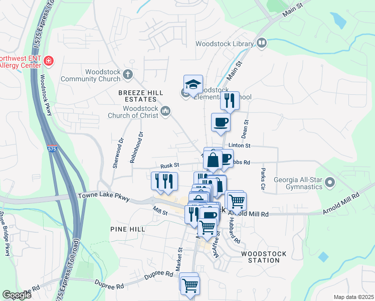 map of restaurants, bars, coffee shops, grocery stores, and more near 121 Pearl Street in Woodstock