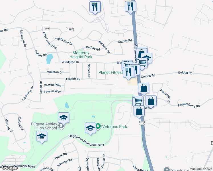 map of restaurants, bars, coffee shops, grocery stores, and more near 6450 Bradbury Court in Wilmington