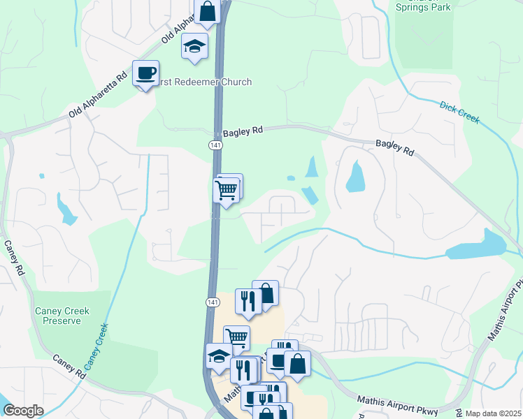 map of restaurants, bars, coffee shops, grocery stores, and more near 2385 Callaway Court in Cumming