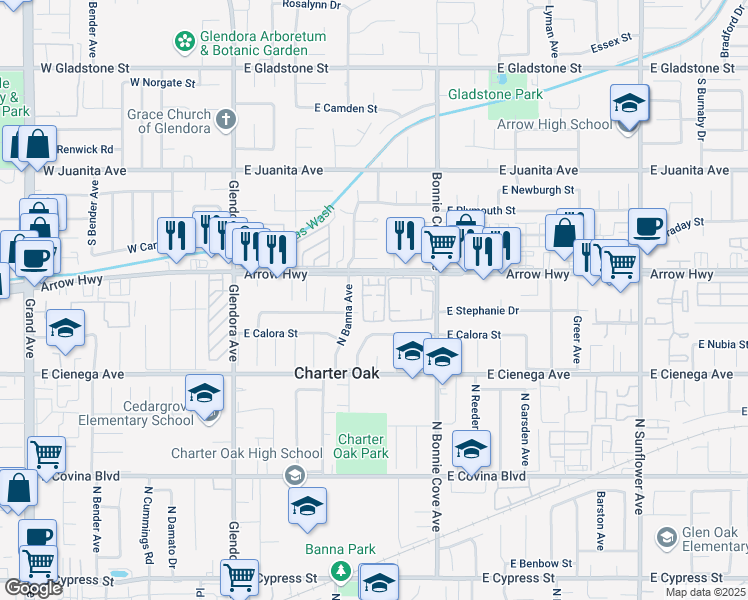 map of restaurants, bars, coffee shops, grocery stores, and more near 20234 East Arrow Highway in Covina