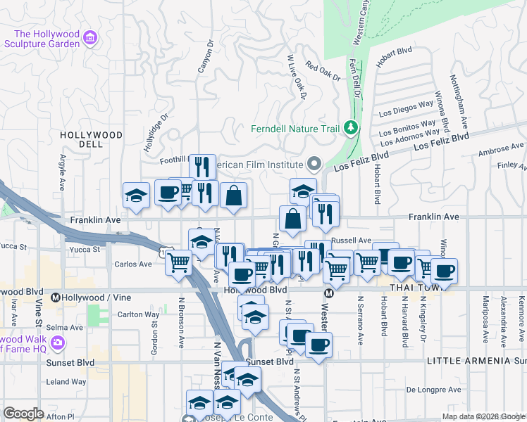 map of restaurants, bars, coffee shops, grocery stores, and more near 5665 Franklin Avenue in Los Angeles