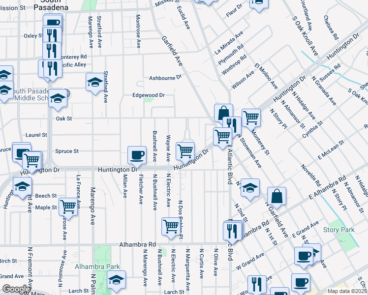 map of restaurants, bars, coffee shops, grocery stores, and more near 1722 Camden Avenue in South Pasadena