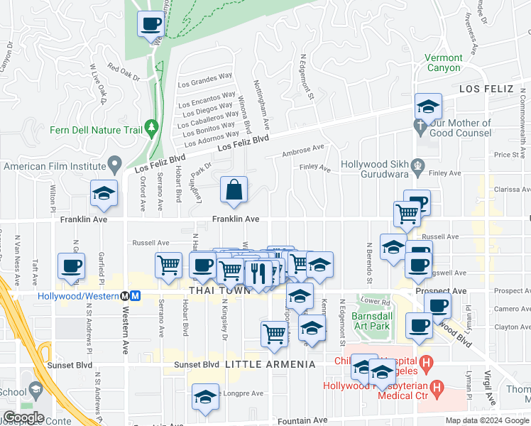 map of restaurants, bars, coffee shops, grocery stores, and more near 1909 Normandie Avenue in Los Angeles