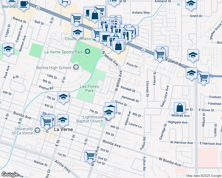 map of restaurants, bars, coffee shops, grocery stores, and more near 2941 North White Avenue in La Verne