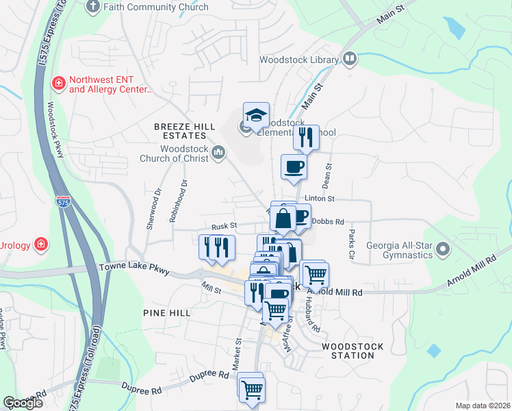 map of restaurants, bars, coffee shops, grocery stores, and more near 205A Rope Mill Road in Woodstock