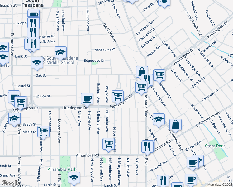 map of restaurants, bars, coffee shops, grocery stores, and more near 1722 Camden Avenue in South Pasadena