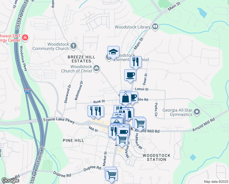 map of restaurants, bars, coffee shops, grocery stores, and more near 101 Pearl Street in Woodstock