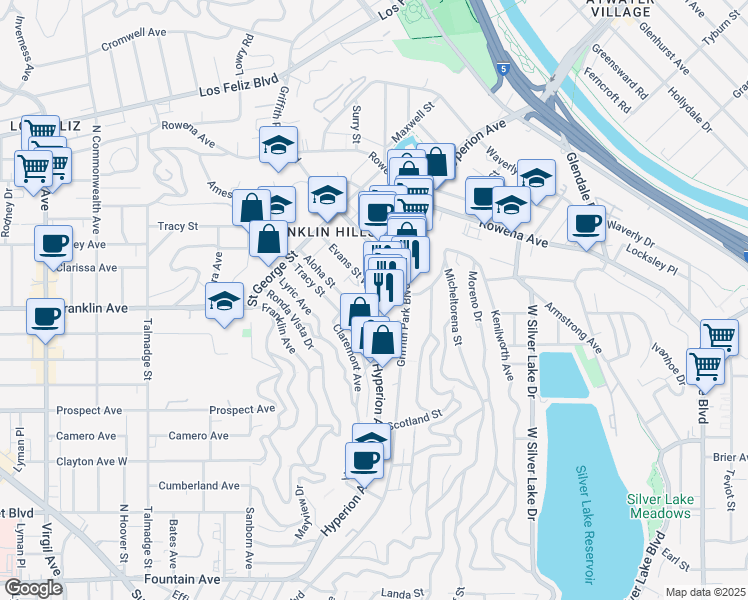 map of restaurants, bars, coffee shops, grocery stores, and more near 3712 Evans Street West in Los Angeles
