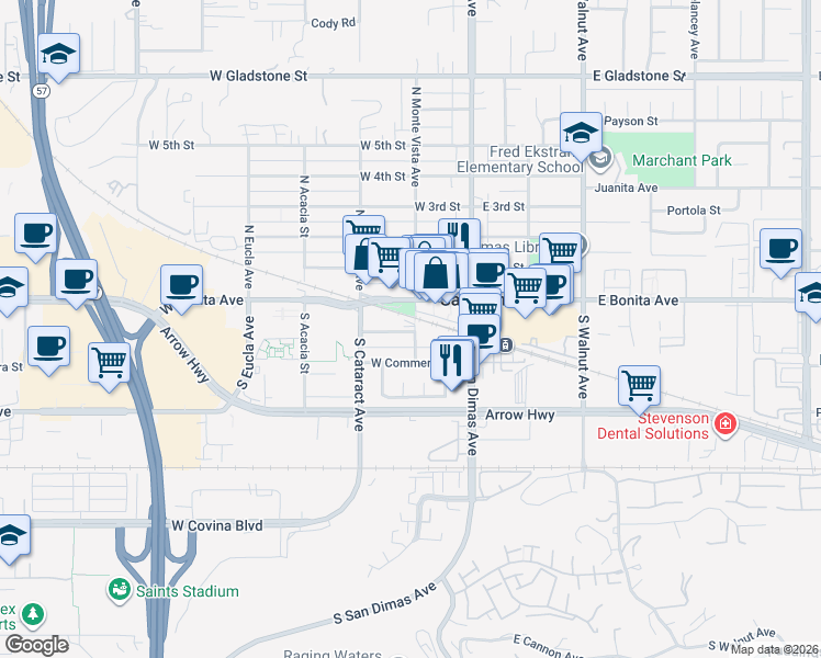 map of restaurants, bars, coffee shops, grocery stores, and more near 199 South Monte Vista Avenue in San Dimas