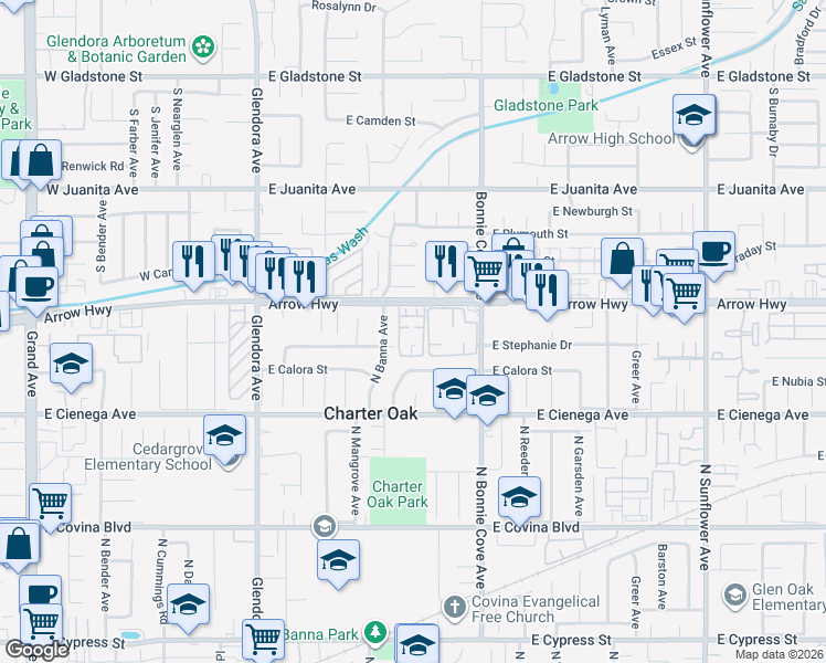 map of restaurants, bars, coffee shops, grocery stores, and more near 20284 East Arrow Highway in Glendora