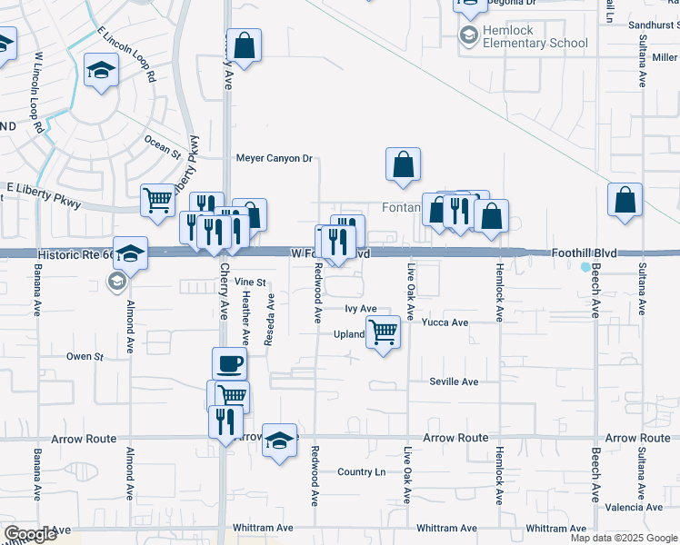 map of restaurants, bars, coffee shops, grocery stores, and more near 14755 Foothill Boulevard in Fontana