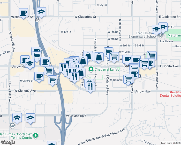 map of restaurants, bars, coffee shops, grocery stores, and more near 400 West Bonita Avenue in San Dimas