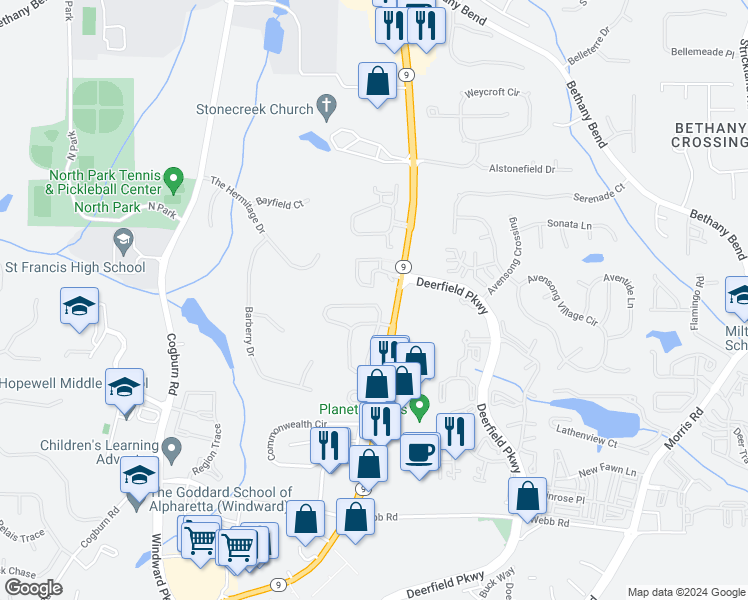 map of restaurants, bars, coffee shops, grocery stores, and more near 13317 Marrywood Court in Alpharetta