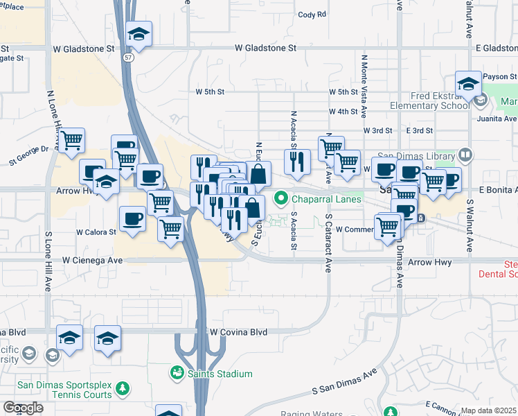 map of restaurants, bars, coffee shops, grocery stores, and more near 183 South Eucla Avenue in San Dimas