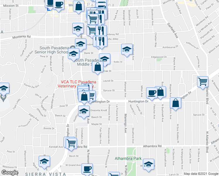 map of restaurants, bars, coffee shops, grocery stores, and more near 1628 Spruce Street in South Pasadena