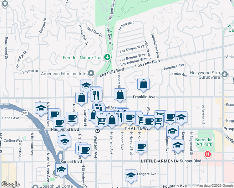 map of restaurants, bars, coffee shops, grocery stores, and more near 1901 North Hobart Boulevard in Los Angeles