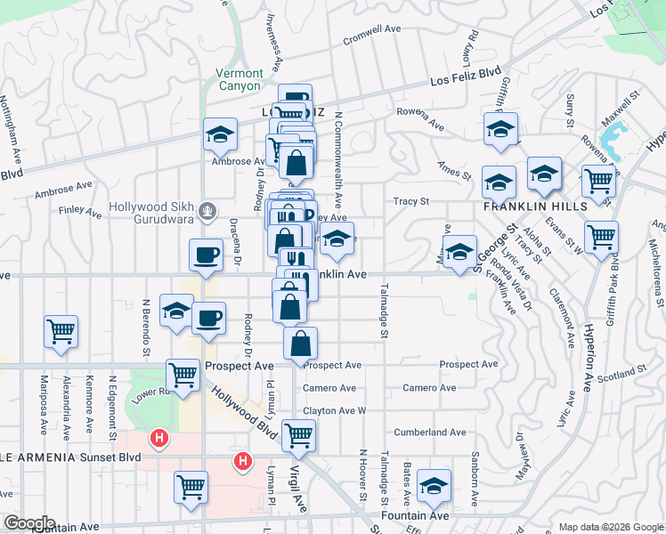 map of restaurants, bars, coffee shops, grocery stores, and more near 1909 North Commonwealth Avenue in Los Angeles
