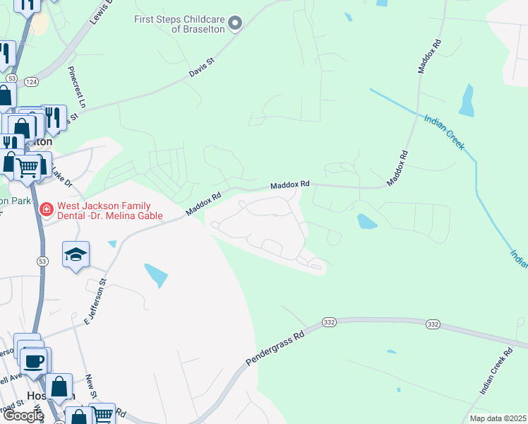 map of restaurants, bars, coffee shops, grocery stores, and more near 1102 Kingswood Way in Hoschton