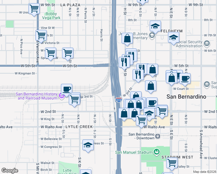 map of restaurants, bars, coffee shops, grocery stores, and more near 340 North I Street in San Bernardino