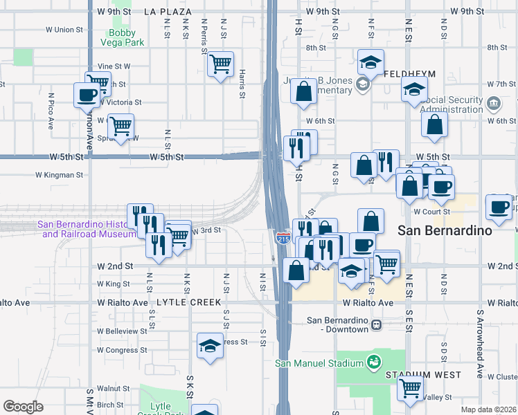map of restaurants, bars, coffee shops, grocery stores, and more near 340 North I Street in San Bernardino