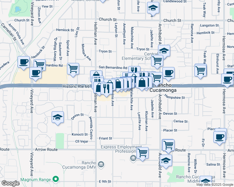 map of restaurants, bars, coffee shops, grocery stores, and more near 9359 Foothill Boulevard in Rancho Cucamonga