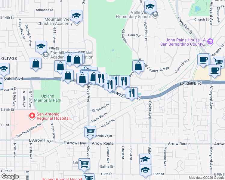 map of restaurants, bars, coffee shops, grocery stores, and more near 8329 Gabrielino Court in Rancho Cucamonga