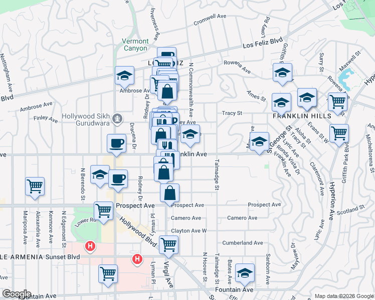 map of restaurants, bars, coffee shops, grocery stores, and more near 1909 North Commonwealth Avenue in Los Angeles