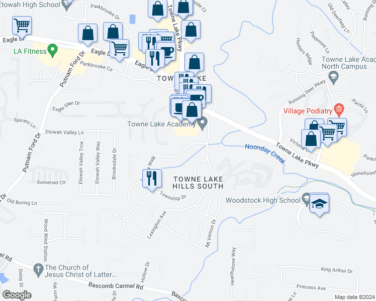 map of restaurants, bars, coffee shops, grocery stores, and more near 1009 Legacy Walk in Woodstock