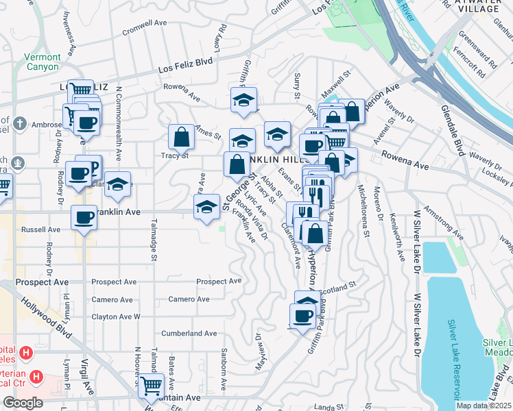 map of restaurants, bars, coffee shops, grocery stores, and more near 2461 Lyric Avenue in Los Angeles