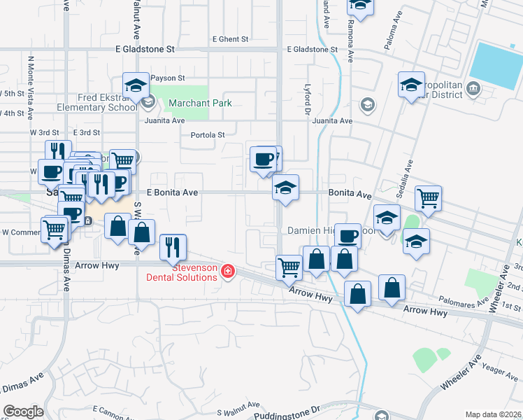 map of restaurants, bars, coffee shops, grocery stores, and more near 650 East Bonita Avenue in San Dimas