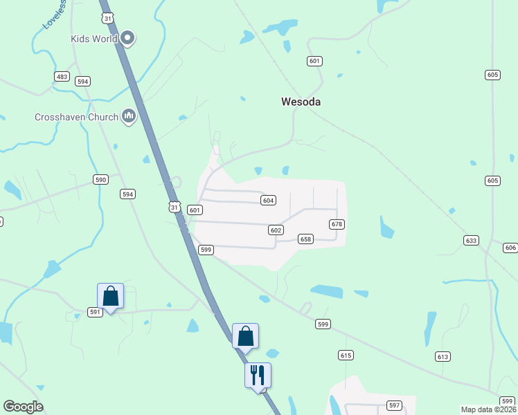 map of restaurants, bars, coffee shops, grocery stores, and more near 210 County Road 604 in Hanceville