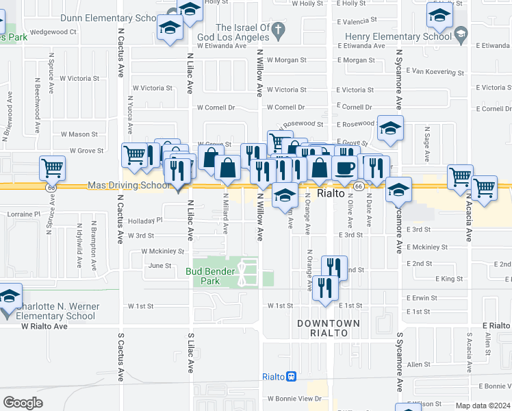 map of restaurants, bars, coffee shops, grocery stores, and more near 340 North Willow Avenue in Rialto