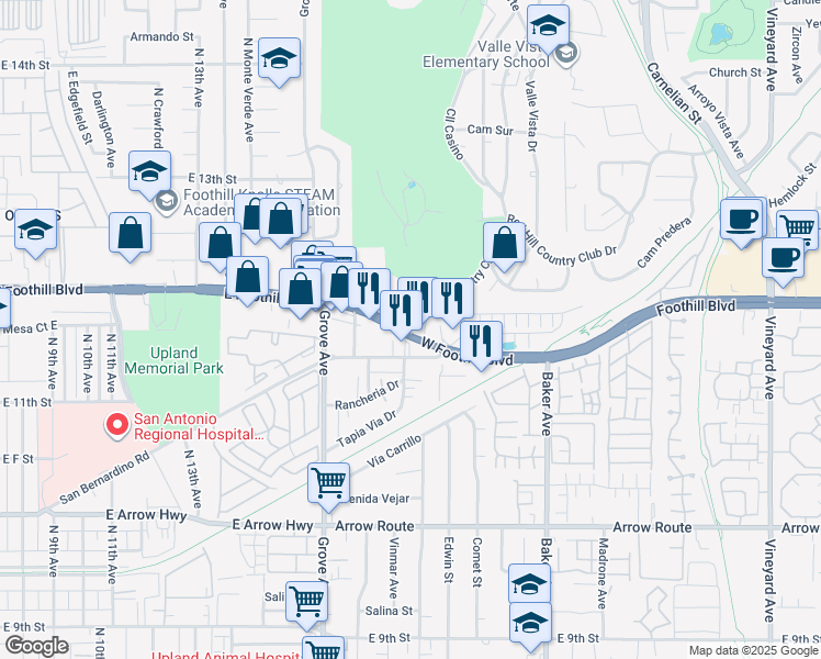 map of restaurants, bars, coffee shops, grocery stores, and more near 8443 Gabrielino Court in Rancho Cucamonga