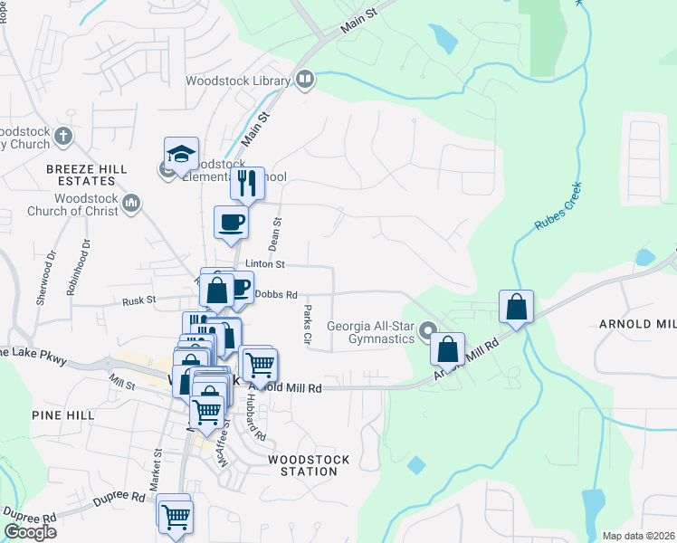 map of restaurants, bars, coffee shops, grocery stores, and more near 103 Melanie Lane in Woodstock