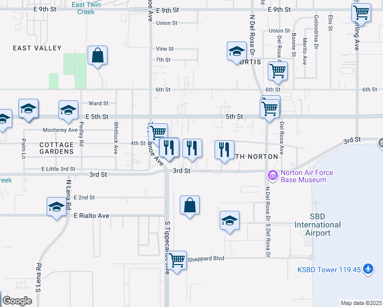 map of restaurants, bars, coffee shops, grocery stores, and more near 25070 East 3rd Street in San Bernardino