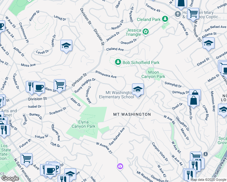 map of restaurants, bars, coffee shops, grocery stores, and more near 1722 Sunny Heights Drive in Los Angeles