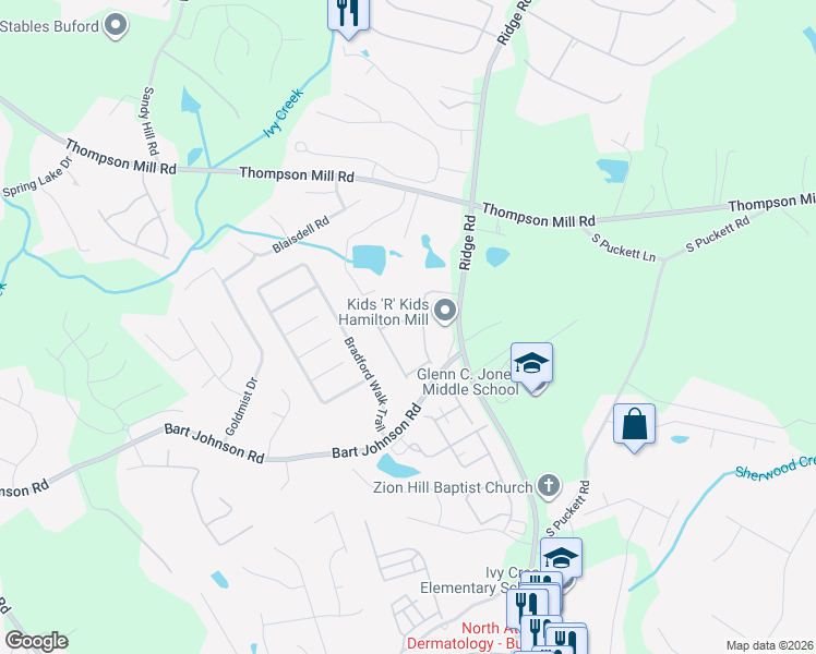 map of restaurants, bars, coffee shops, grocery stores, and more near 3495 Stackhouse Place in Buford
