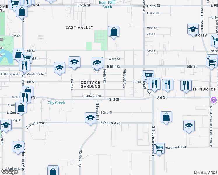 map of restaurants, bars, coffee shops, grocery stores, and more near 24724 Court Street in San Bernardino