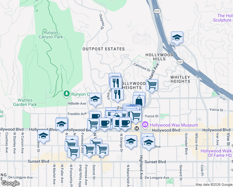 map of restaurants, bars, coffee shops, grocery stores, and more near 1999 North Sycamore Avenue in Los Angeles