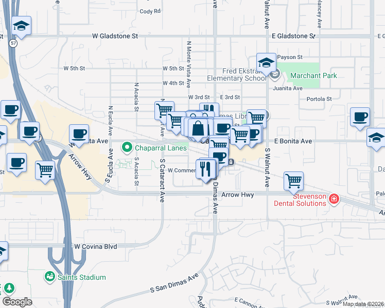 map of restaurants, bars, coffee shops, grocery stores, and more near in San Dimas