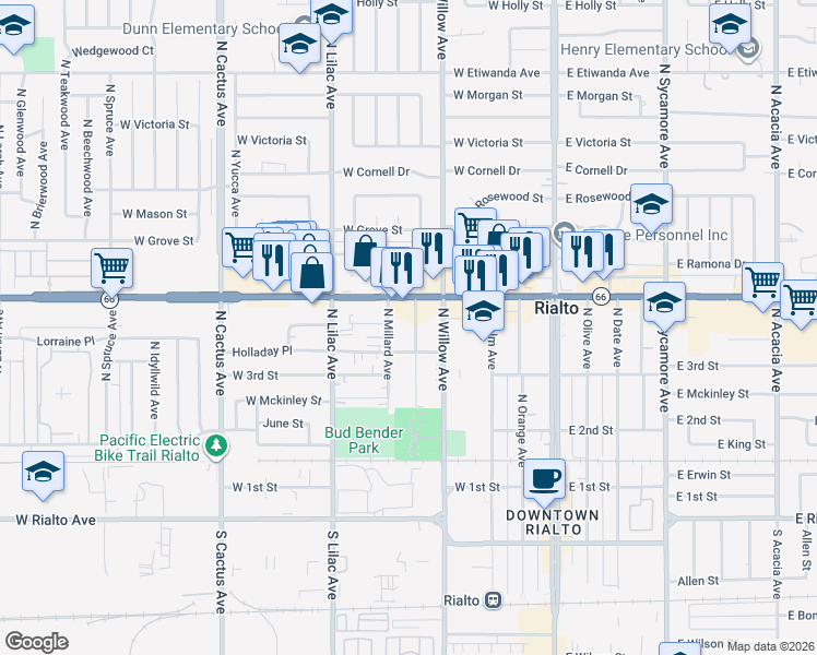 map of restaurants, bars, coffee shops, grocery stores, and more near 338 North Clifford Avenue in Rialto