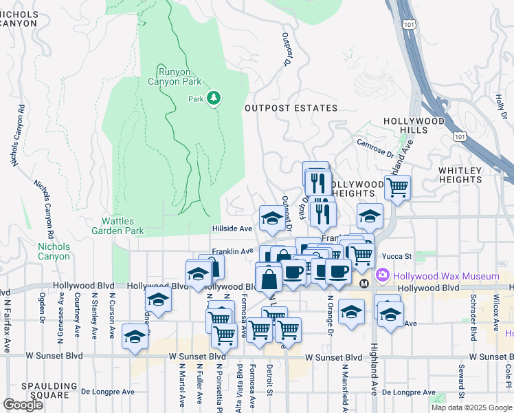 map of restaurants, bars, coffee shops, grocery stores, and more near 7075 Hillside Avenue in Los Angeles