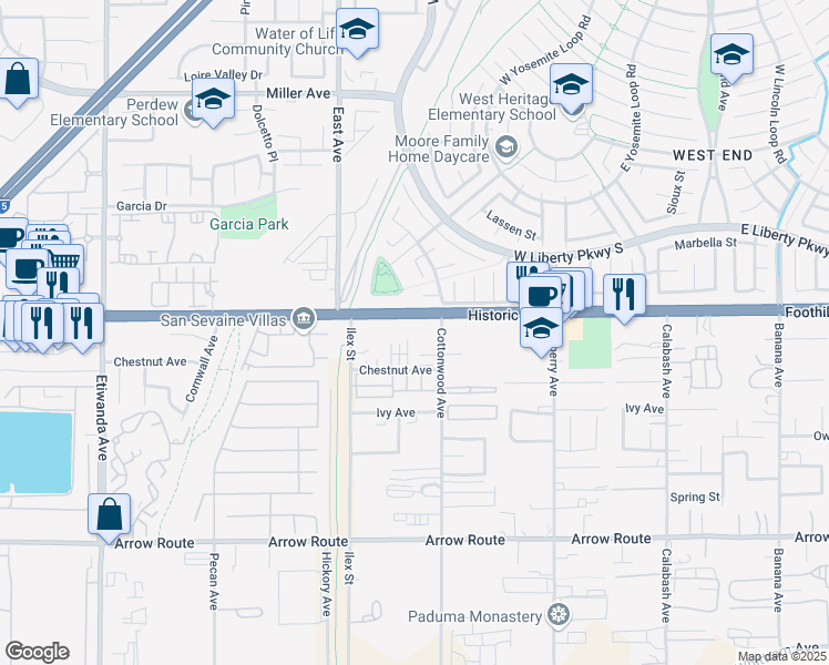 map of restaurants, bars, coffee shops, grocery stores, and more near 13473 Foothill Boulevard in Fontana