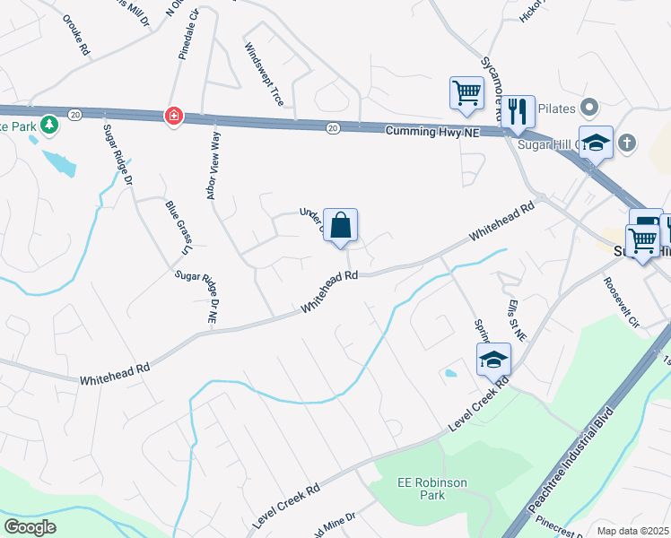 map of restaurants, bars, coffee shops, grocery stores, and more near 5202 Balin Lane in Sugar Hill