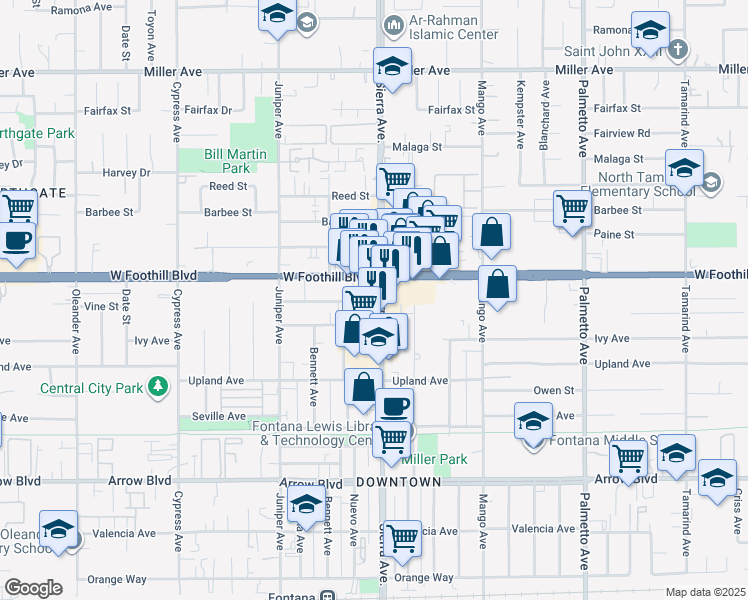 map of restaurants, bars, coffee shops, grocery stores, and more near 8172 Sierra Avenue in Fontana