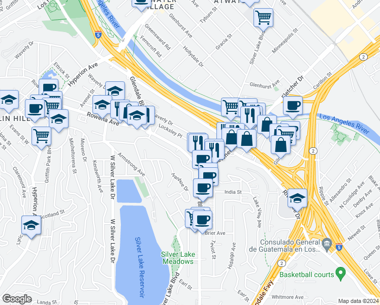 map of restaurants, bars, coffee shops, grocery stores, and more near 2616 Glendale Boulevard in Los Angeles