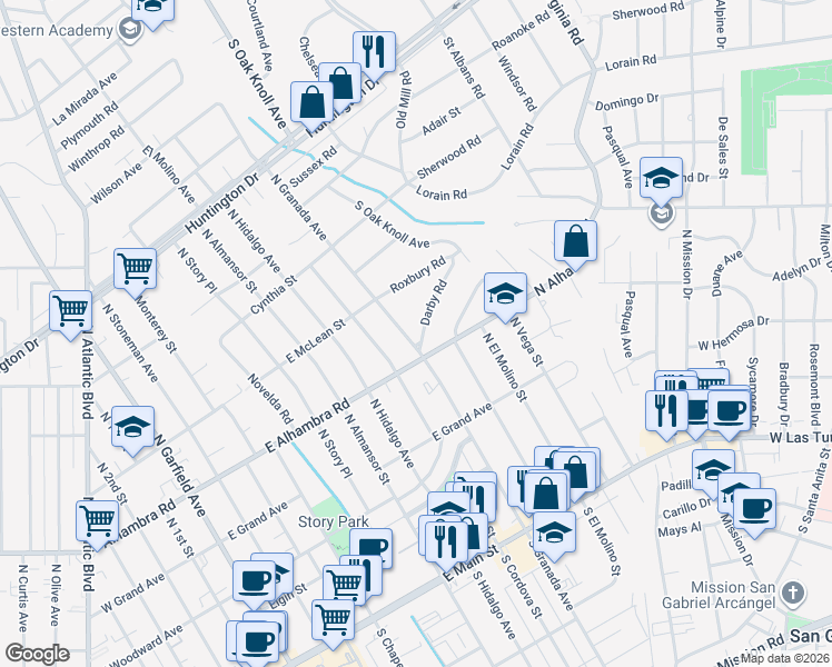 map of restaurants, bars, coffee shops, grocery stores, and more near 740 North Granada Avenue in San Marino