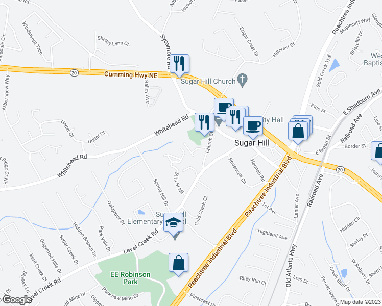 map of restaurants, bars, coffee shops, grocery stores, and more near 5024 Top Cat Court in Sugar Hill