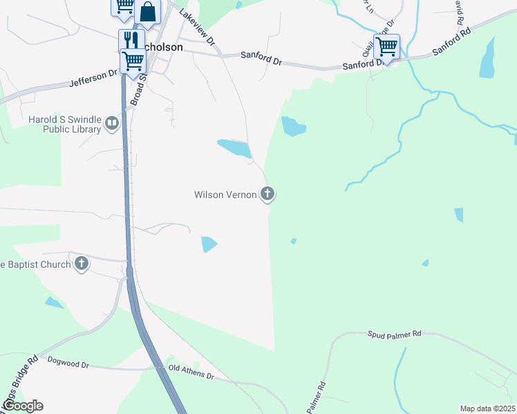 map of restaurants, bars, coffee shops, grocery stores, and more near 894 Lakeview Drive in Nicholson