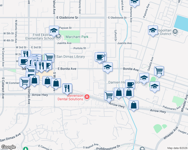 map of restaurants, bars, coffee shops, grocery stores, and more near 130 South Gaffney Avenue in San Dimas